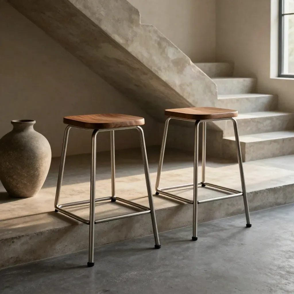 Due sgabelli legno-metallo su pedana in cemento, con scala sullo sfondo e vaso opaco.