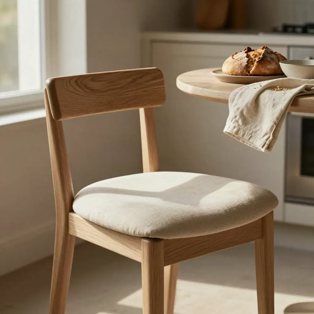 Sgabello chiaro con schienale accanto a pane, ciotole e lino in cucina luminosa.