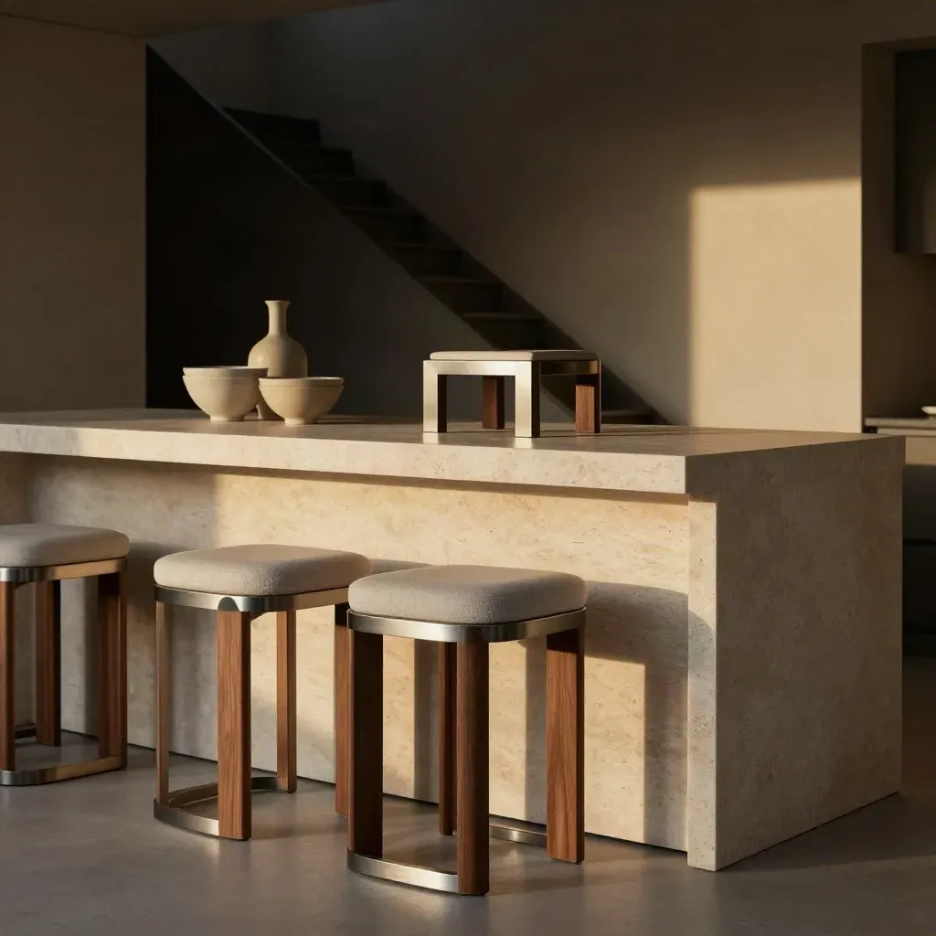 Tre sgabelli cucina accanto a un’isola in travertino, con ceramiche neutre e luce calda.