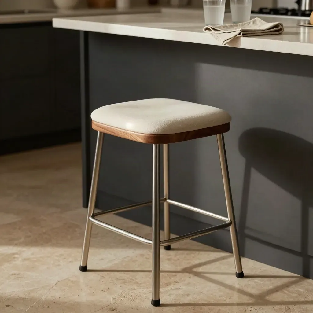 Sgabello da cucina alto 75 cm accanto a un banco snack con bicchieri opachi, luce calda morbida.