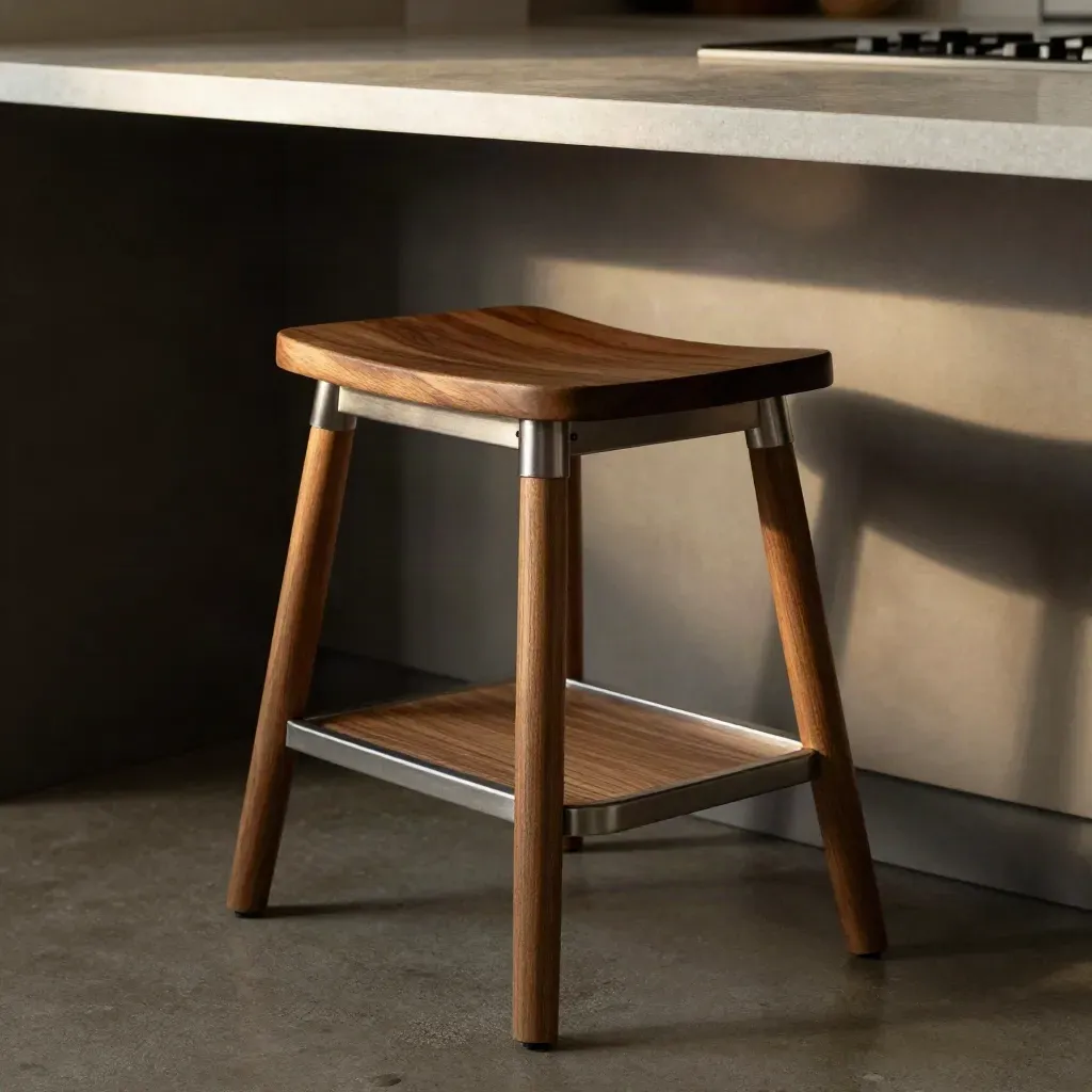 Sgabello in legno e metallo sotto un piano cucina continuo, visto basso dal pavimento.