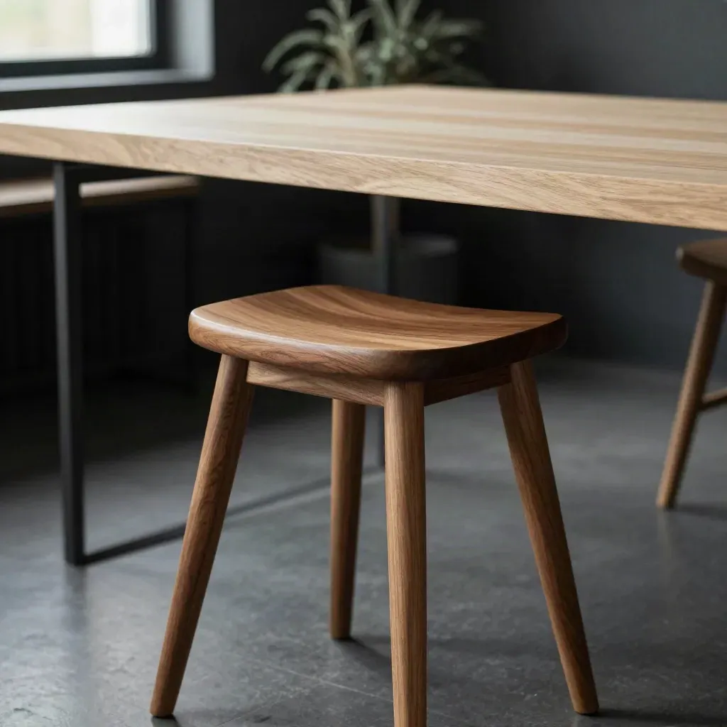 Sgabello in legno noce in luce laterale, con tavolo chiaro e pianta sfocata.