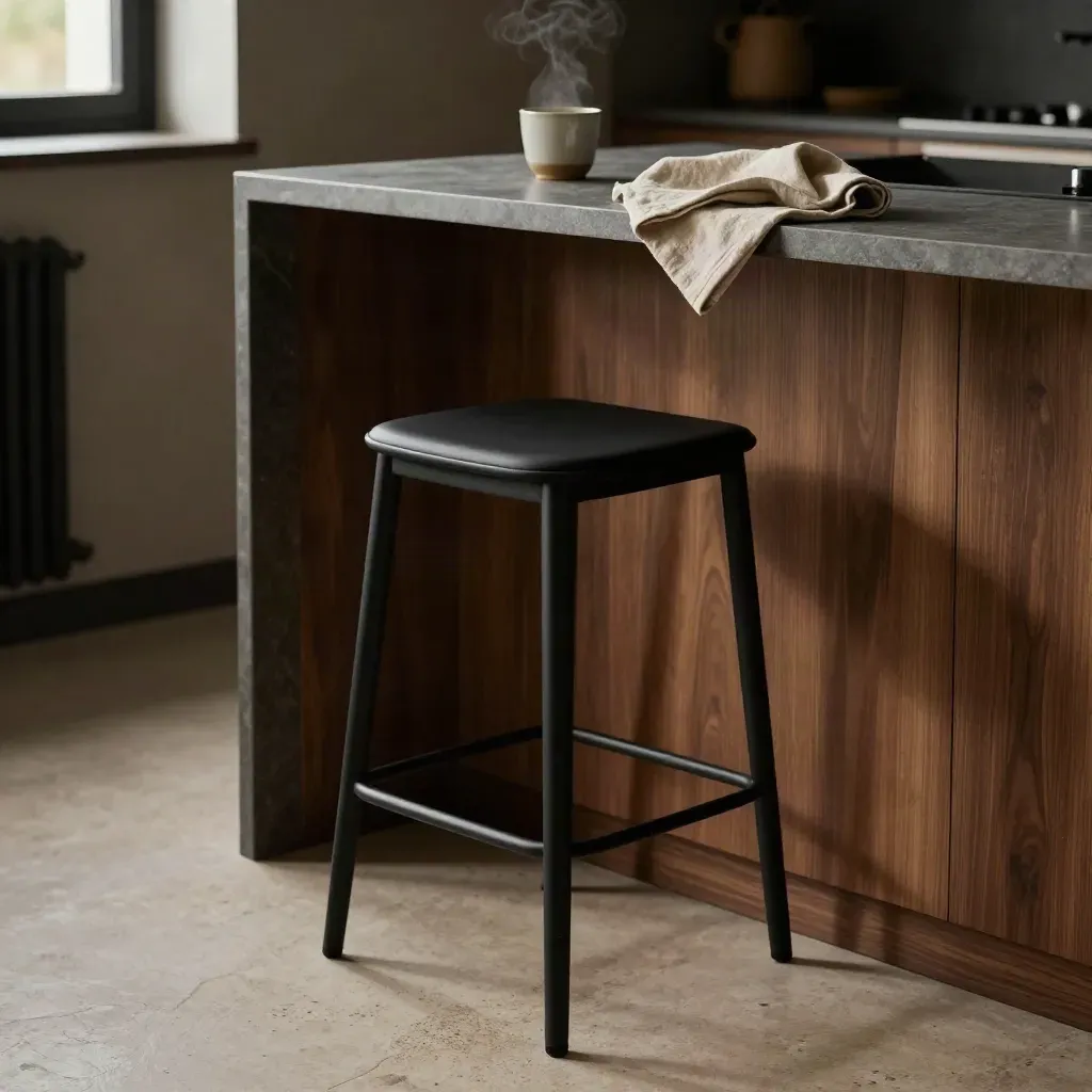 Sgabello nero carbone in una cucina moderna piccola, con top in pietra grigia e luce calda.