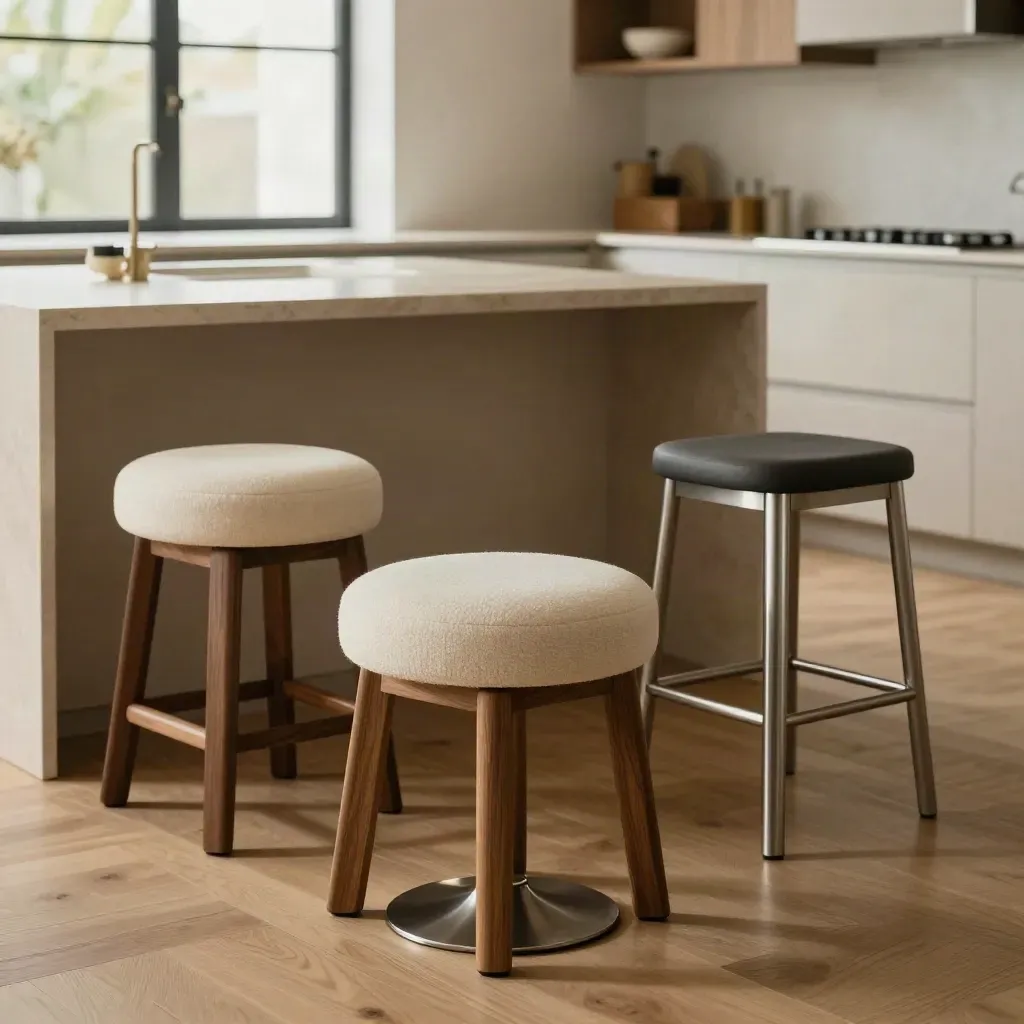 Tre sgabelli coordinati davanti a una cucina campione essenziale, luce calda e atmosfera showroom.