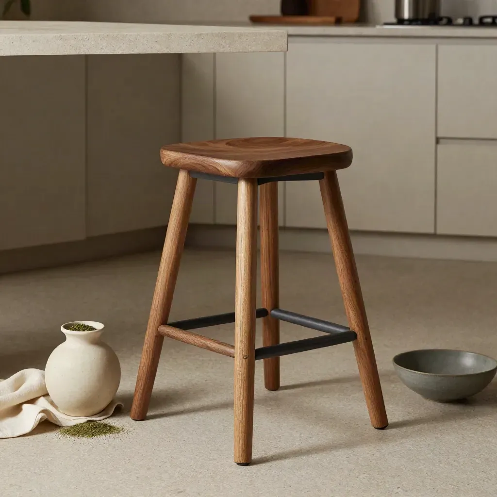 Sgabello in noce sotto piano cucina in pietra con vaso di erbe e telo piegato