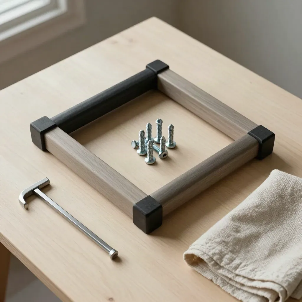 Componenti di sgabello ordinati su legno chiaro con panno piegato e viti.